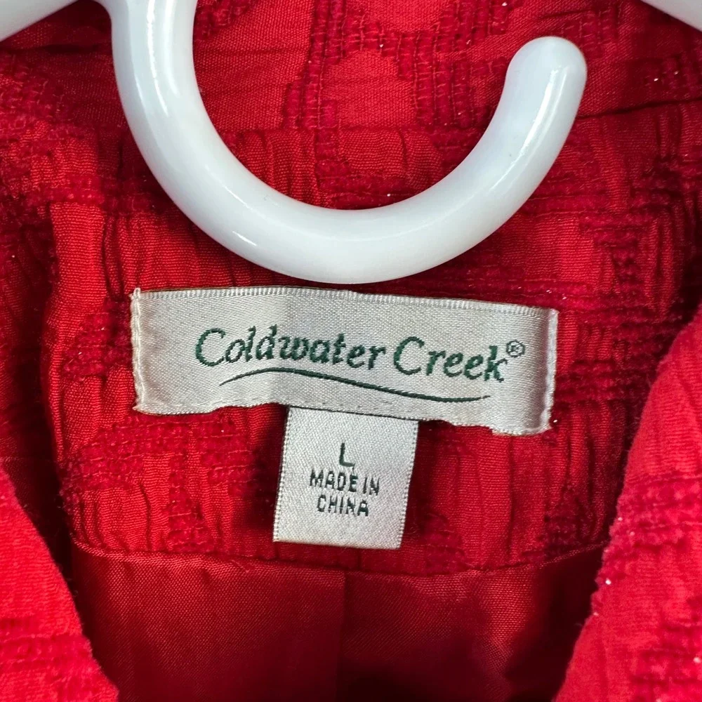 Coldwater Creek Women's Red Jacket Textured Sparkle‎ Leaf Jaquard Ruffle Trim L